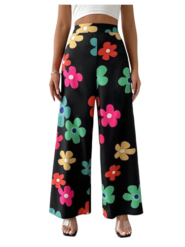 Verdusa Women's Boho Floral Dressy Pants Vacation Wide Leg High Rise Long Trousers