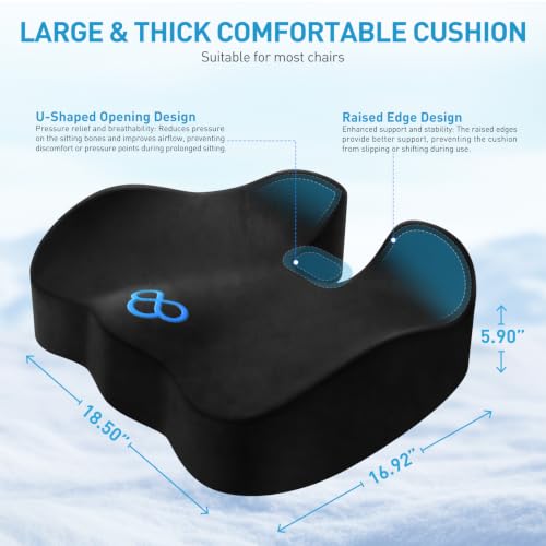 Image of BlissTrends Extra Thick Seat Cushion for Office Chair & Car Seat, Black | Tailbone & Sciatica Relief, Ergonomic Support, High-Density Memory Foam, Comfort for Extended Sitting