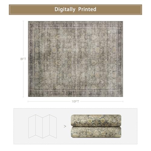 Washable Rugs 8x10 Area Rugs for Living Room,Bedroom and Dining Room-Large Ultra Soft Faux Wool Retro Carpets,Non Slip&Non-Shedding Low Pile Vintage Print Home Office Rug-Brass Green-Brown-Olive