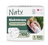 Naty BioEmbrace Baby Newborn Nappies | Sensitive Skin Safe Certified | Leak Protection up to 100% | Plant-Based Teddy Softness, Premium Comfort | Chlorine-Free | Size 1 (2–5kg), 100 Count