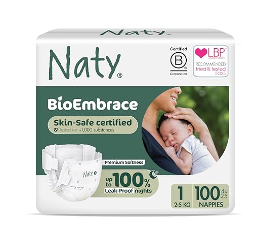 Naty BioEmbrace Baby Newborn Nappies | Sensitive Skin Safe Certified | Leak Protection up to 100% | Plant-Based Teddy Softness, Premium Comfort | Chlorine-Free | Size 1 (2–5kg), 100 Count