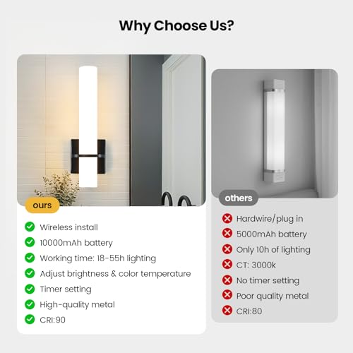 Image of AIJIASI Black Battery Operated Wall Sconces Set of 2, 10000mAh Rechargeable Wireless Wall Sconce with Remote Control, 3000K-6000K Dimmable LED Wall Lights for Living Room Bedroom Hallway 15 Inch