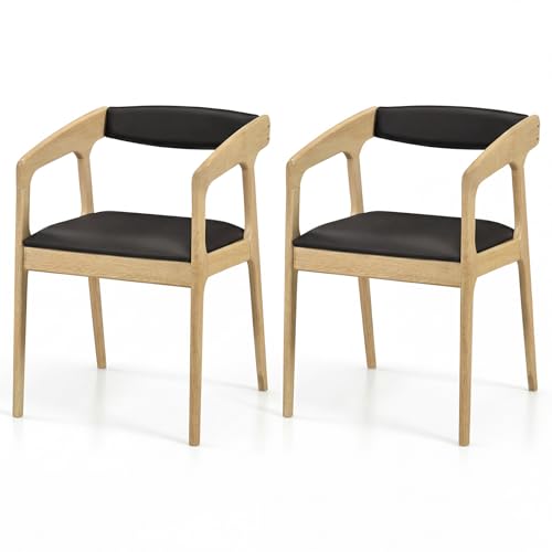 Image of COSTWAY Dining Chairs with Arms Set of 2, Mid Century Modern Wooden Accent Chairs with Faux Leather Seat & Padded Backrest, Kitchen Side Armchairs for Living Dining Reading Room, Natural & Black