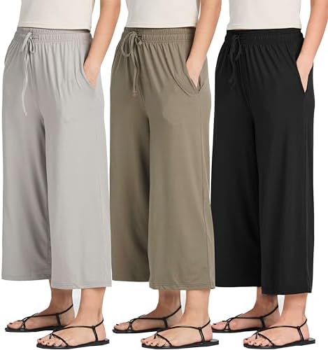 Real Essentials 3 Pack: Women’s Ultra-Soft Wide Leg Loose Capri Open Bottom Pants – Yoga Lounge Pockets(Available in Plus)