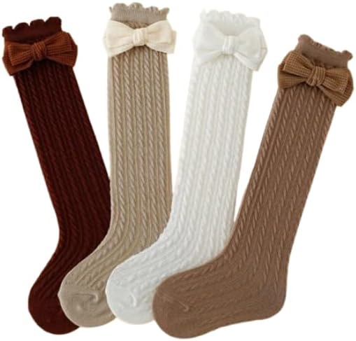 Cable Knit Knee High Socks with Bow, Brown White Beige Tones, Cotton Blend, 4 Pairs Pack, Toddlers Girls Kids