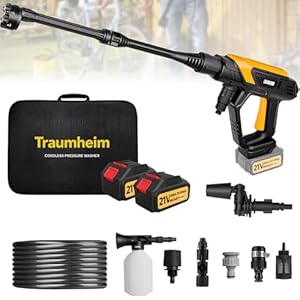Traumheim Akku Hochdruckreiniger 21V/68Bar/990PSI - 2X 4000mAh Akku - 17-TLG Zubehör-Set inkl. Verlängerungsstab - Mobiler Tragbarer Auto- & Terrassenreiniger - 6-in-1/180° Düse & Schaumsprüher