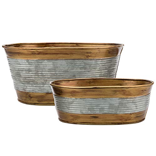 Mygift Silver Metal Galvanized Bucket Planter, Rustic Tub Style Plant Pot With Vintage Copper Tone Rim, Set Of 2 - Handcrafted In India #TOP4