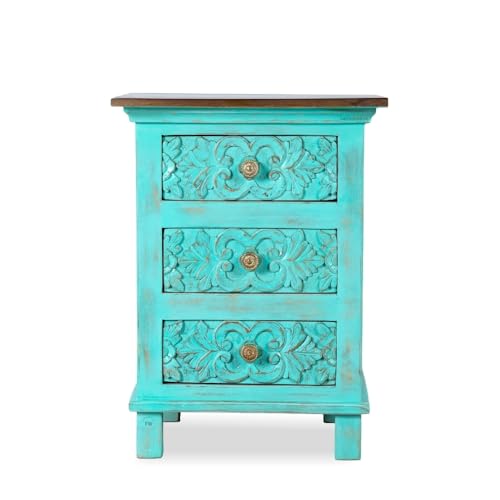 Image of Wooden Bedside Table for Bedroom | Solid Wood Orek Bedside Table with Drawers | Corner Side Table for Living Room | Traditional Handcrafted Furniture for Home Decor (Turquoise Distress)