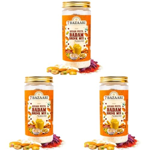 Image of 7 BAZAARI Kesar Pista Badam Milk Mix Powder 225g | Thandai Style Almond Drink Mix with Saffron, Pistachio & Spices | Protein & Energy Rich | No Artificial Flavours | Healthy Drink for Kids & Adults