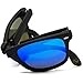 Modern Black Square Foldable Sunglasses with Case (Black Frame/Mirror Blue Lens)