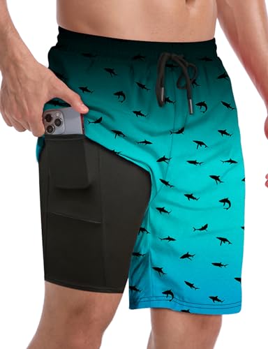 Buauty Mens Swim Trunks with Compression Liner 9 Inch Inseam Quick Dry Swim Shorts Men Board Short Swimsuit with Pockets