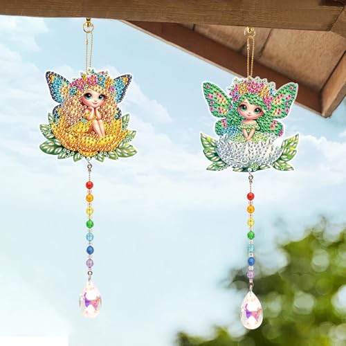 LazyFold 2 Pcs Diamond Painting Wind Chime Kits,Flower Fairy DIY Diamond Art Painting Wind Chime Kits Crystal Art Suncatchers for Adults Home Garden Window Craft Gift
