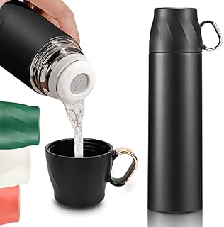 BOCHION Insulated Water Bottle, 500ML Stainless Steel Thermal Flask with Cup Lid, Double Walled Metal Vacuum Drink Flasks to Keep Cold/Hot, for Sports/Home/Office/Travel, BPA Free&Leak-Proof, Black