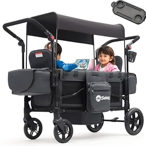 Sekey Bollerwagen Kinder Zwillingsmodus, Bollerwagen Faltbar mit Dach 2 Kinder, Duo Schiebegriff Kinderwagen Doppelsitz mit 2 integrierten 5-Punkt-Gurtsystem, Zwillingskinderwagen (Schwarz, Premium)