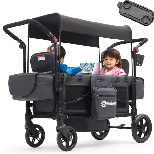 Sekey Bolderkar voor kinderen, dubbele modus, opvouwbaar, met dak, 2 kinderen, duo duwgreep, kinderwagen, dubbel zitje met 2 geïntegreerd 5-punts gordelsysteem, dubbele kinderwagen (zwart, premium)