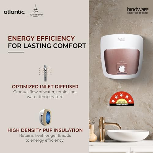 Image of Hindware Smart Appliances | Espiro plus 25L | 2Kw | Glasslined Coated Tank | 5-Star Rating And Temperature Control Knob |Storage Water Heater (Geyser) White & Black