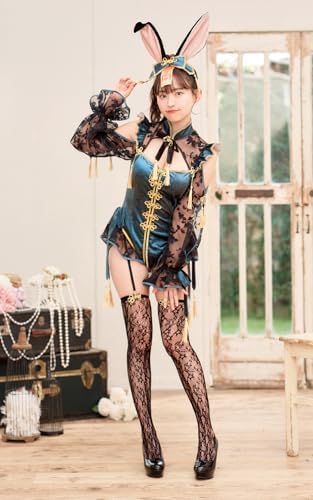 [Malymoon] コスプレ キョンシー チャイナ バニー うさぎ うさ耳 青 緑 レース ハイレグ 和装 衣装 仮装 マリームーン 7点セット CS-25-10292 詳細画像2