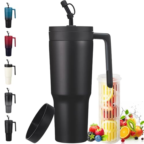 VICKNIY Tumbler with Handle Fruit Infuser - 40 OZ Insulated Tumblers with Lid, Straw Cover, Protective Boot, Leak-proof Travel Tumbler for Coffee, Fruit Tea Infuser Bottle Water Cup for Work Gym