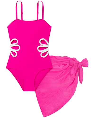 Image of Girls Swimsuit Adjustable Straps Cut Out One Piece Bathing Suit with Solid Color Cover Up Skirt Girls' Swimwear 5-16Y