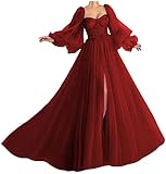Xijun Plus Size Prom Dresses Puffy Sleeve Tulle Formal Eveing Party Gowns with Split Long Wedding Dress for Brides Sweet 16 Dress Burgundy US18W