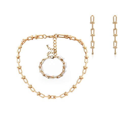 Gold Plated Paperclip Link Chain Necklace Bracelet Earring Set Dainty Thick Oval Link Chain Bracelet Summer Link Choker Necklace Jewelry for Women Girls Gifts-A Gold