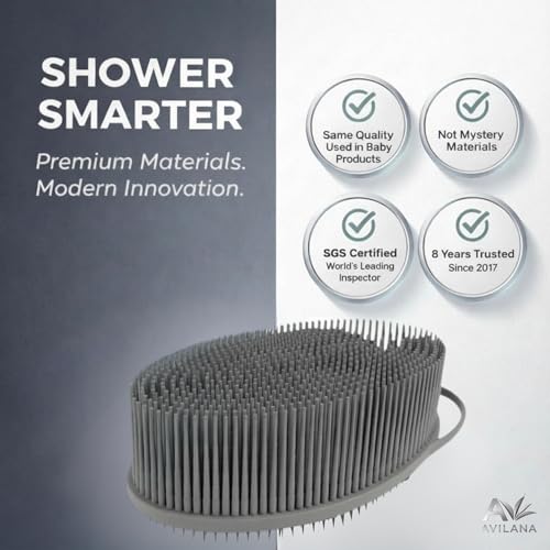 Image of Avilana Premium Exfoliating Body Scrubber - 8 Years Trusted Since 2017 - SGS Certified Silicone Bath Brush, Firm Bristles Smooth Rough Bumpy Skin Texture, Dual Sided Loofah Alternative Women Men Kids