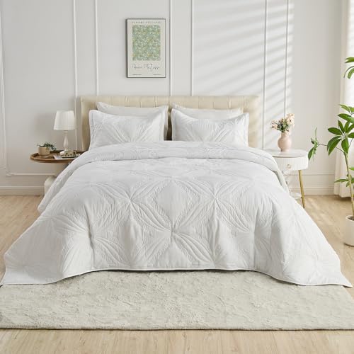 Image of Kingnex Oversized Cal King Bedspreads 120x120 for Tall King or Split California King Bed Lightweight Ultrasonic Quilted Coverlet Set 3 Pieces 1 Quilt 2 Pillow Shams White