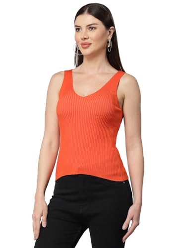Image of Kalt Women Knitted, Ribbed Cotton Fitted Sleeveless V-Neck Cami Tank Top for Women Stylish