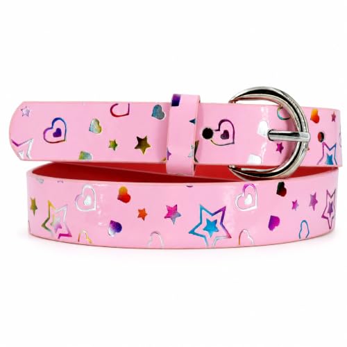 EANAGO Gürtel Kinder – rosa Glitzer Kindergürtel für Mädchen, holografische Sterne & Herzen, verstellbar 52–67 cm, leicht zu schließen, silberfarbene D-Schnalle, für Kindergarten & Schule