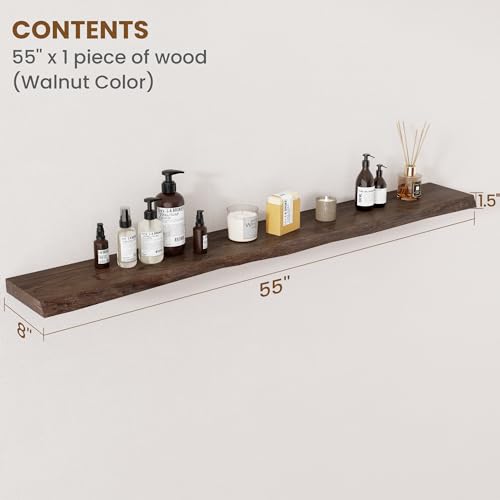 Image of FLYJOE Floating Shelves for Wall Decor, Rustic Solid Elm Wood Live Edge Floating Shelves Wall Mounted, Wall Shelves with Invisible Bracket for Living Room Bathroom Bedroom Kitchen, 55 Inch, Walnut