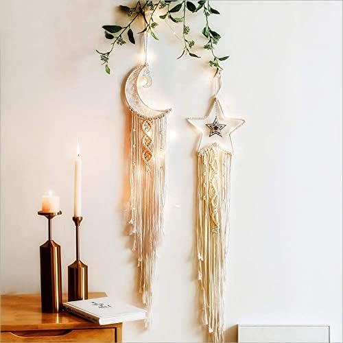 PINK FOREST Bohemian Dream Catcher,Handmade Crochet Moon Star Dreamcatcher Macrame Wall Hanging Art Decor for Kids Room Apartment Dorm Decoration Wedding Ornament Craft,2 Pieces