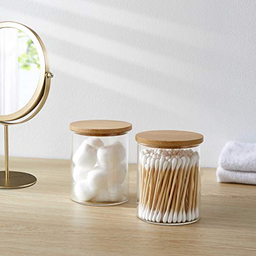 INIUNIK-4-Pack-Glass-Qtip-Holder-Dispenser-Glass-Apothecary-Jars-with-Lids-Cotton-Ball-Swab-Pad-Holder-Bathroom-Essential-Canisters-Accessories-Jars-for-Bathroom-Organization-Vanity-Organizers