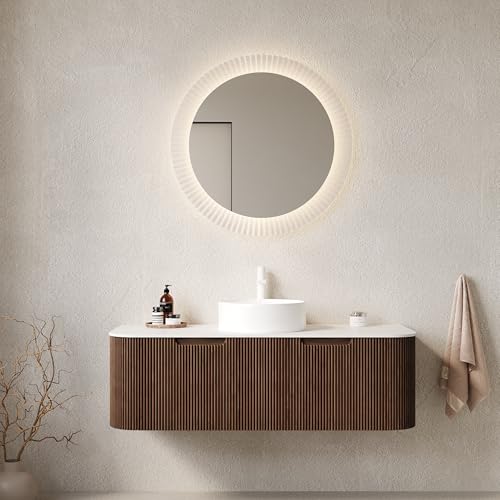 Image of KEIKI 48 inch Floating Bathroom Vanity with Sink, Modern Wall Vanity Cabinet with Curved Edge Design, 2 Soft-Close Drawers & White Ceramic Vessel Basin, Pre-Assembled Bathroom Vanity, Walnut