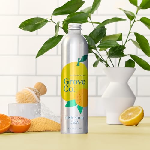 Image of Grove Co. Yuzu & Mandarin Dish Soap Refill Bundle - 3 Aluminum Bottles (16 oz) with Reusable Glass Dispenser, Citrus Scented Grease-Cutting Plant-Based Formula
