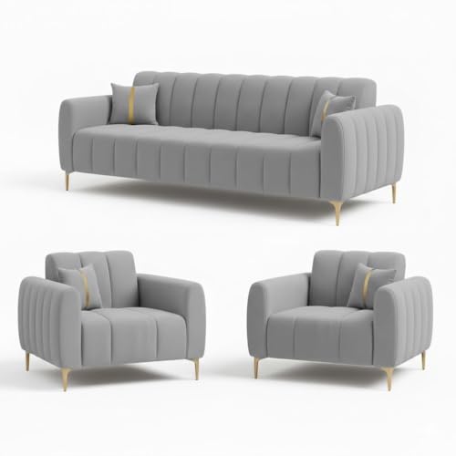 Image of FURNY Harmony 5 Seater Velvet Fabric 3+1+1 Sofa Set (Light Grey Color) with Golden Finish Legs | Durable Comfort | Ideal for Living Room