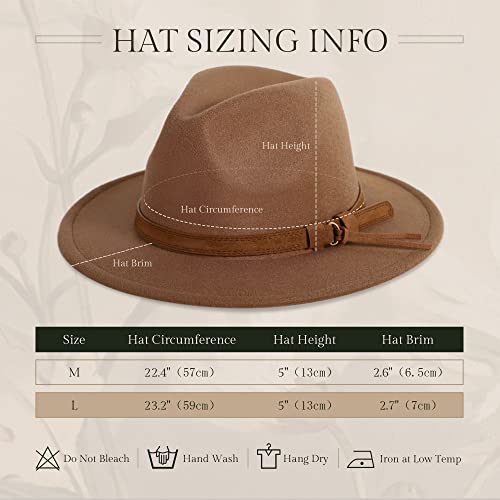 Verabella Wide Brim Fedora Winter Warm Two Tone Felt Fall Hat Womens Fedora Hats Fadorabhats For Men With Belt Buckle,Dark Camel,S/M #TOP2