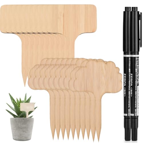 IKOPFLN 20 Pezzi Bambù Pianta Etichette Per Piante Di Bambù Etichetta In Legno Marcatori Di Tipo t,Accessori Piante Per Giardino Piante In Vaso,Riutilizzabile,Con 2 Pennarello