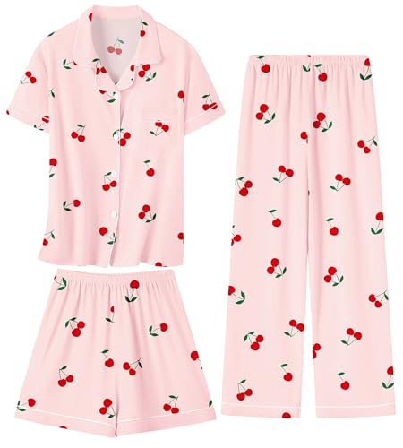 Opiniones y reviews de Pijamas para Niña - los preferidos. 41 Umeyda - Conjunto de pijama suave de manga corta con botones, ropa de dormir de 3 piezas, ropa de descanso, 5 a 14 años, Cereza, 7-8 Años