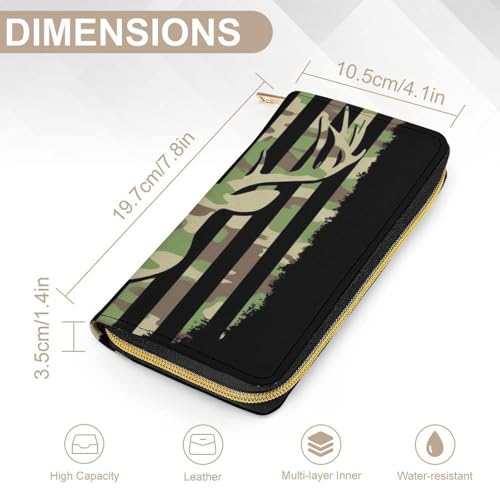 Women's Cute Decor Wallet, Long PU Zipper Wallet, Travel Purse Fashion Design, Huge Storage Capacity Purse Camouflage American Flag Hunting Deer Camo2