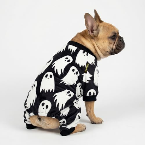 Image of Fitwarm Halloween Ghost Dog Pajamas, Funny Halloween Costumes for Dogs, Fleece Dog Onesie with Feet, Doggy Clothes for Small Dogs Boy Girl, Pet Apparel, Black, White, Large