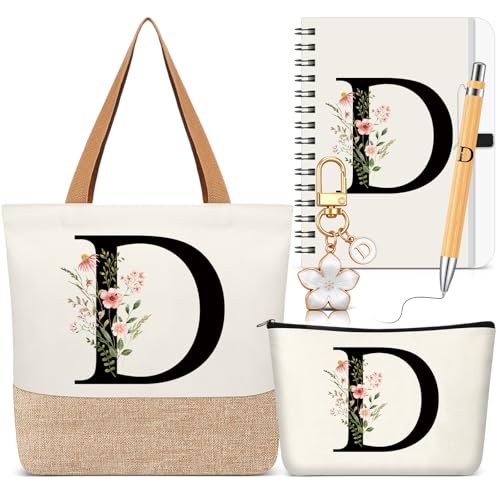 Talltalk 5 Pcs Personalized Women Gifts,Initial Tote Bag,Personalized Tote Bags,Graduation Gifts for Women(White,Letter D)