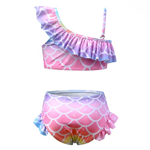 Image of QPANCY Girls One Shoulder Swimsuits Kids Two Piece Bathing Suits Ruffle Beach Swimwear