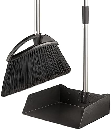 Long Handled Dustpan and Brush Set, Yangbaga Heavy Duty Dustpan and Brush Sets Mental with Adjustable Long Handle for Indoor and Outdoor, Great for Household Cleaning and Sweeping Black