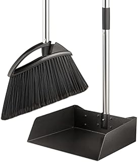 Long Handled Dustpan and Brush Set, Yangbaga Heavy Duty Dustpan and Brush Sets Mental with Adjustable Long Handle for Indoor and Outdoor, Great for Household Cleaning and Sweeping Black