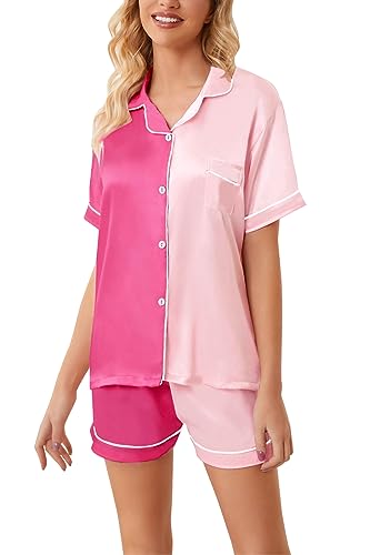 Image of Schbbbta Girls Womens Pajamas, Satin Silky Pjs Set Kids 2Pcs Button-Down Nightwear Sleepwear Gift for Mommy and me