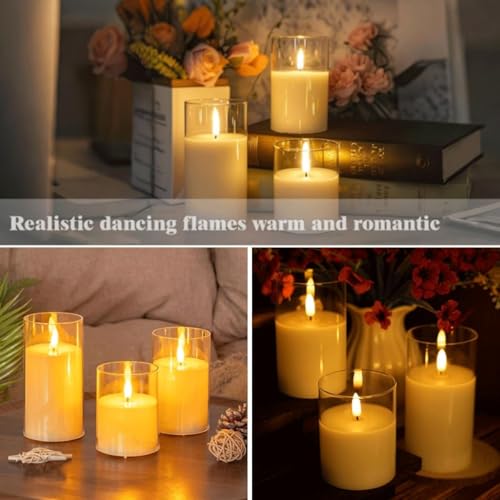 Image of LED Flameless Candles with Flickering Flame, Battery Operated Real Wax Pillar Candles in Glass Holders, Warm Light Yellow Glow, Safe & Elegant Home, Bedroom, Party, and Wedding Decor (Set of 3)