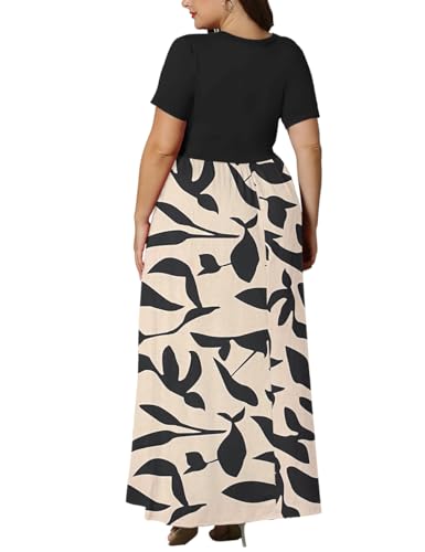 Image of KARALIN Women Plus Size Maxi Dress Short Sleeve Round Neck Loose Fit A-Line | Plus Size Long Dress,Summer Casual Maxi Dresses,Short Sleeve,Side Pockets,Round Neck,Elastic Waist,14 Plus - 26 Plus