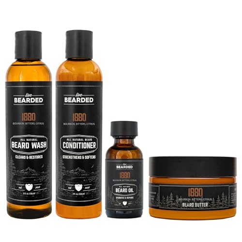 Live Bearded Complete Beard Grooming Kit - Wash, Conditioner, Butter and Oil - Made in the USA with All-Natural Ingredients - Mens Groom Set | 1880 Scent - Bourbon, Bitters, Citrus