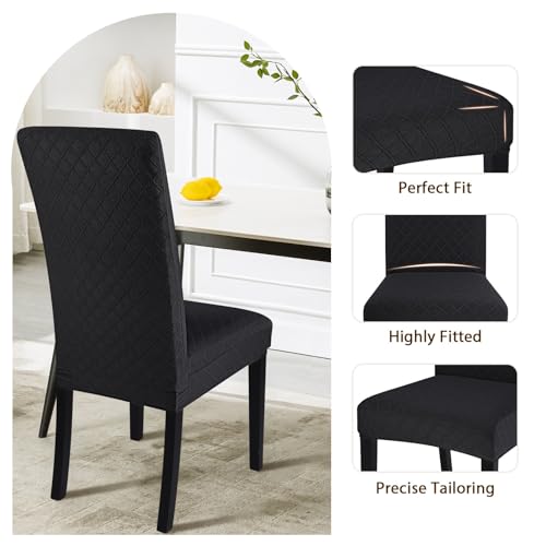Image of SearchI Dining Room Chair Covers Set of 4, Stretch Jacquard Parsons Chair Slipcovers Removable Washable Kitchen Chair Protector Cover for Dining Room, Hotel, Ceremony (Black Rhombus)