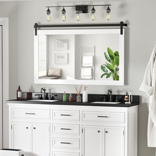 Image of COGOOD Farmhouse Bathroom Mirror - 49 x 30 Large Rectangle Barn Door Mirror for Vanity, Bedroom, Living Room Wall Decor (Pure White)